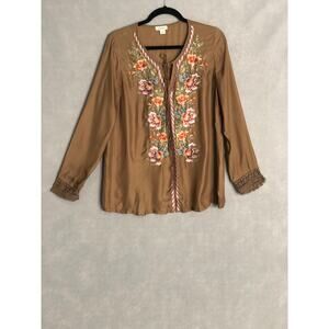 Sundance Embroidered Top Long Sleeve Brown Women's Small